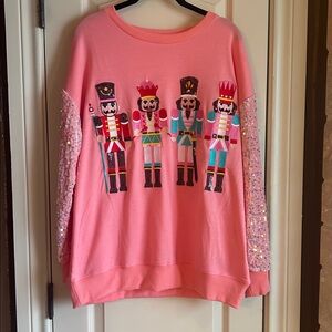 Festive Pink Nutcracker Sweatshirt with Sequin Sleeves NEW
